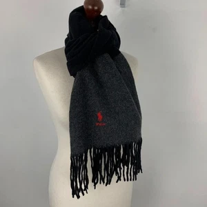 Polo Ralph Lauren Scarf Black Grey Fringed Smart Preppy Pony Logo Made Italy - Picture 1 of 7