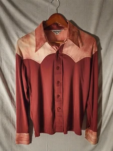 Vintage 70s Kmart Western Shirt Nylon Two Tone Dagger Collar Disco Cowboy Small - Picture 1 of 7