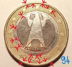 Alemania, Moneda de 1 Euro, 2002 J Gran moneda muy rara ambos lados sello defecto - Imagen 1 de 2