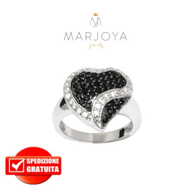 Anello a cuore in argento 925 rodiato con zirconi bianchi e neri - Immagine 1 di 4