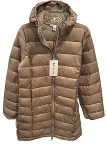 ATHLETA Aire Puffer Parka Jacket Feather Taupe Tan Women Long Packable S Small - Picture 1 of 6