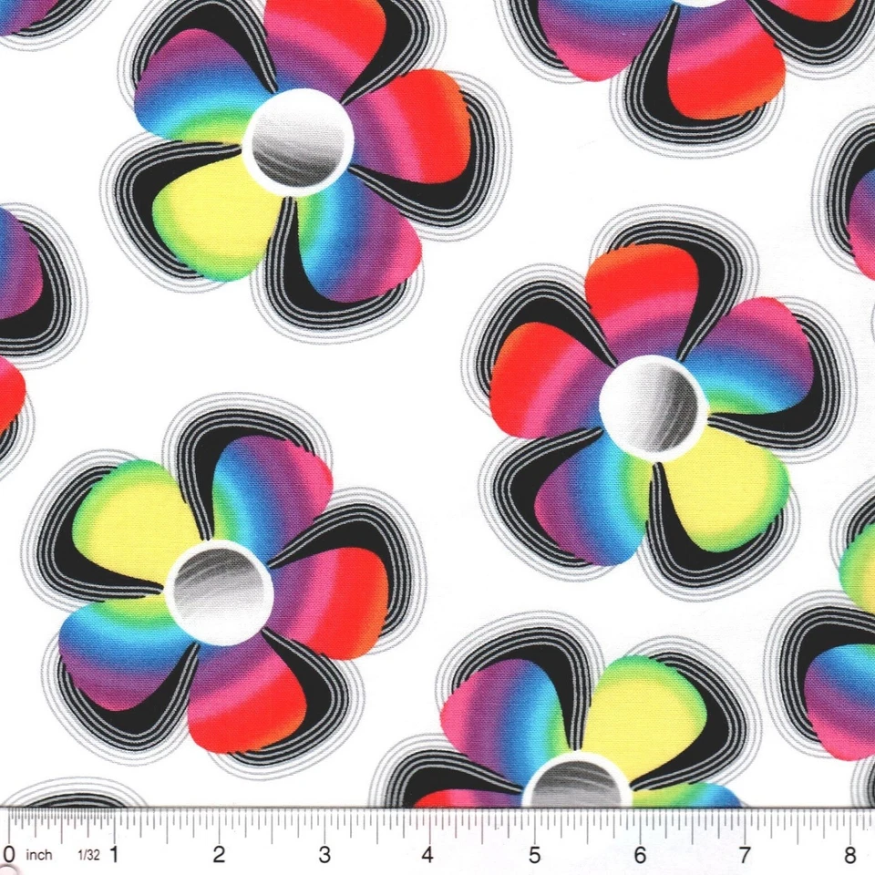 Brite Idea Retro Large Rainbow Flowers Kanvas 100% Cotton Fabric 23 inches - Image 1 of 1