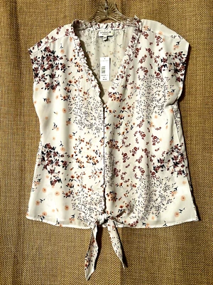 Studio B Top L New Silky Floral Ruffle Button Up Tie  Front Shirt Blouse $45 NWT - Imagem 1 de 4