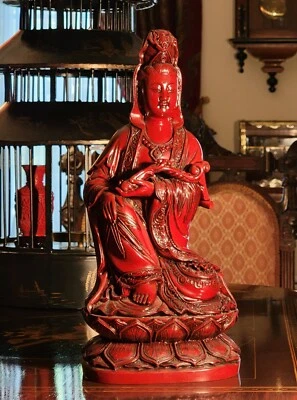 GRAN ESTATUA DE BUDDHA 13.5" Kwan-yin Guanyin Bodhisattva Buey Rojo Resina de Sangre PESADA Foto 1 de 4