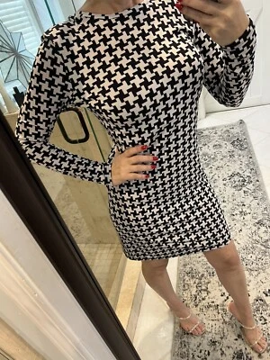 MICHAEL KORS black herringbone White Print Shift Dress Jersey Size s  gold logo — 第 1/4 张图片