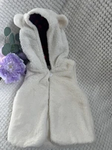 Wonder Nation Girl’s Faux Fur Hooded Vest-5T-White W/Bear Ears & Plaid Lining - Picture 1 of 9