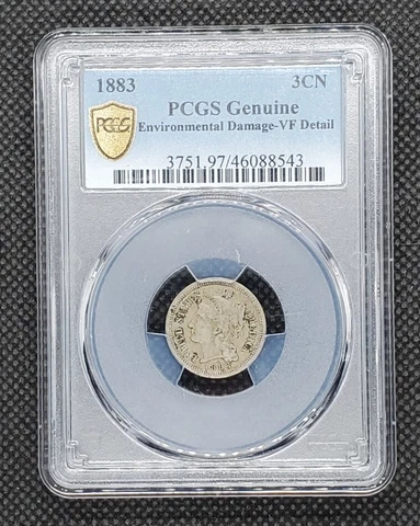 1883 Three Cent Nickel | PCGS Genuine, VERY FINE Detail, Environmental Damage Cover