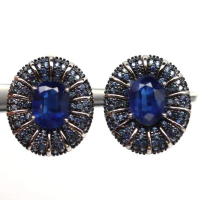 Piedras preciosas 6 x 8 mm. Pendientes de plata de ley 925 de dos tonos de cianita azul y zafiro Foto 1 de 4