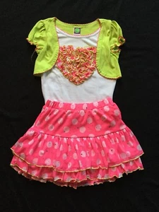 Dollie & Me Size 8 White Shirt With Lime Jacket And Ruffly Heart With Pink Skirt - Picture 1 of 1