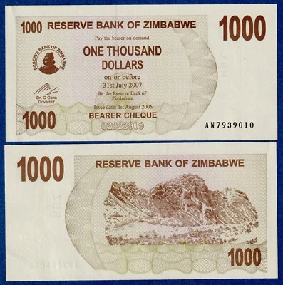 2006 ZIMBABWE 1000 1,000 Dollars P-44 aUNC  Bearer Cheque - Image 1 of 3
