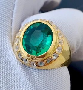 Green Emerald Gemstone Handmade Ring with 925 Sterling Silver Men's Ring Jewelry - Picture 1 of 5