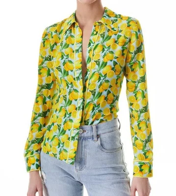 Alice + Olivia Willa Lemon Squeeze Silk Blouse Top Yellow Piping Fruit L - Image 1 of 4