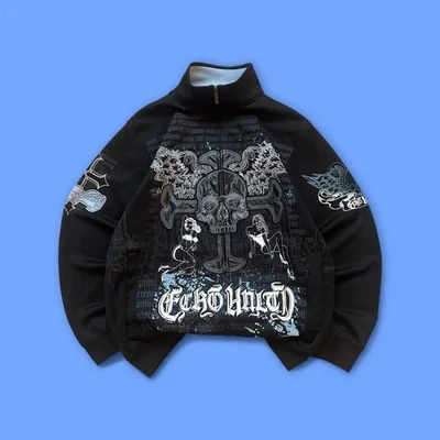 Vintage y2k 00s 90s ecko track suit top jacket Emo Goth skull Print Black XL - Image 1 of 4