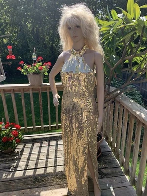 Vestido Formal Vintage Años 80 Talla 9/10 Nadine Lentejuelas Doradas Halter Fiesta Cóctel Foto 1 de 4