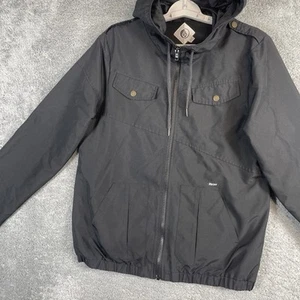 Volcom Jacket Women Large 14 Black Full Zip Hooded Lined Logo Casual Windbreaker - Picture 1 of 18