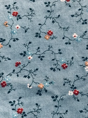 Tiny Red Harvest Gold Flowers on Blue Calico VTG Cranston Fabric 1.75Y x 44"W - Image 1 of 3
