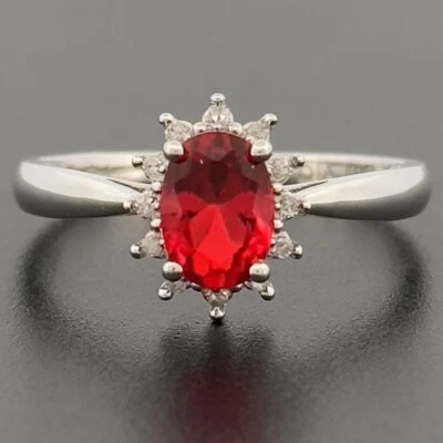 9ct White Gold Lab-Created Ruby & Diamond Cluster Ring Size O Hallmarked - Image 1 of 4