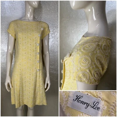 Vintage 1960 Ladies HENRY LEE Pastel Yellow Dress w/ Floral Embroidery 29" W - Image 1 of 4