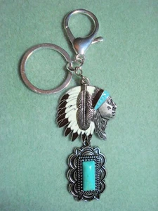 5" Drop Indian Chief, Feather & Faux Turquoise Pendant Key Ring Glitz - Picture 1 of 9
