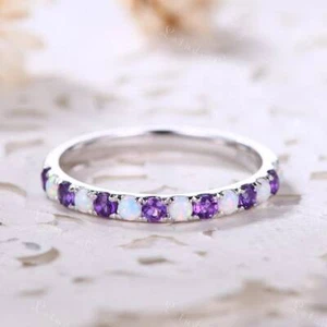 Opal and Amethyst Wedding Ring Half Eternity Band 925 Sterling Silver Band - Picture 1 of 5