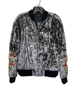 Topshop Jacket Gray Velvet Bomber Beijing Embroidered Dragon 88-89 Size W-6 - Picture 1 of 8