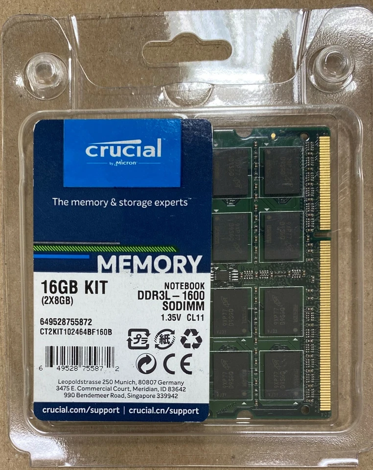 16GB  Kit (2x8GB) DDR3L-1600 SODIMM 1.35v CT2KIT102464BF160B Crucial Retail pack - Image 1 of 1