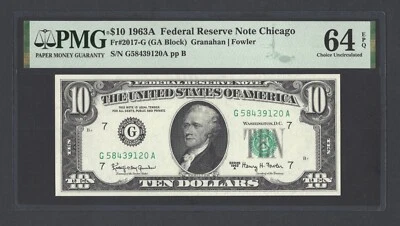United States-Federal Reserve 10 Dollars 1963A Fr#2017-G (GA Block) UNC Grade 64 - Image 1 of 2