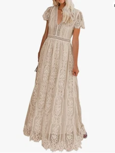 MEROKEETY V Neck Short Sleeve Floral Lace Bridesmaid Cocktail Dress XL Apricot - Picture 1 of 4