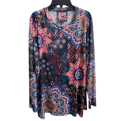 Blusa Boho Johnny Was Nueva con Etiquetas Talla 1X Estampado Natalie Padma Larga Slv Malla Elástica Foto 1 de 4