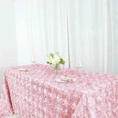 Blush RIBBON ROSES 90x156" RECTANGLE TABLECLOTHS Wedding Party Catering Linens - Image 1 of 4