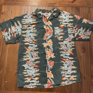 Vtg Bullhead Hawaiian Shirt Aloha Green With Blue Dragons Cloth Size Large USA - Picture 1 of 8