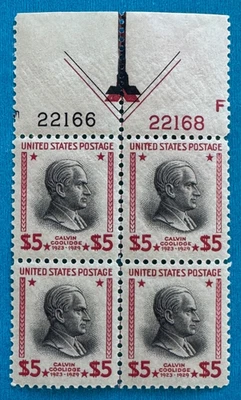 US Stamp Scott 834 5 dollar Coolidge plate block with top arrow M/NH - Image 1 of 3