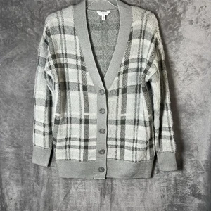 Cárdigan suéter Time & Tru para mujer gris a cuadros cuello en V talla grande - Imagen 1 de 6