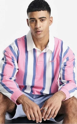 Immaculate LEVI'S Pink & Blue Stripe Oversized Cotton Rugby SHIRT, Large - Image 1 of 4