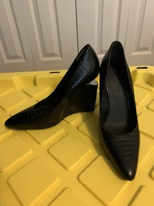 Alexander Wang Ine Embossed Wedge 37.5 Black Crocodile Print Heels - Picture 1 of 7