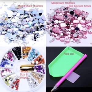 Mix size nail art rhinestones 1500pcs + 1000pcs + 240pcs + free tool. - Picture 1 of 6