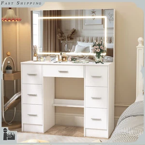 Vanity Desk Set with 3 Colors LED Lighted Mirror 7 Drawers Makeup Table White - Picture 1 of 10