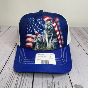 NEW The Mountain Wolf Flag Patriotic Trucker Cap Hat Snapback USA Nature NWT - Picture 1 of 7