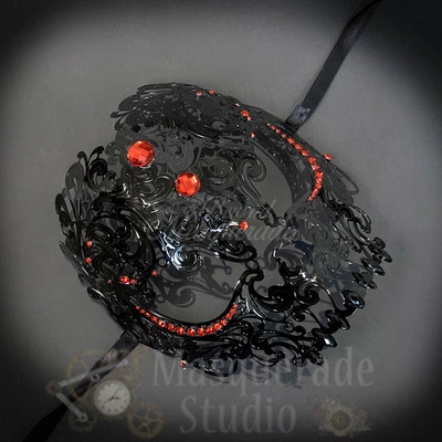 Womens Black Full Skull Phantom Filigree Metal Masquerade Mask [Red Rhinestones] - Image 1 of 4