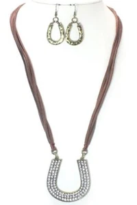 Horseshoe Large Clear Crystals Brown Suede Ropes Necklace And Earring Set - Picture 1 of 2