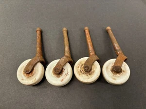 Antique Porcelain Furniture Roller Casters w Cast Iron Shafts Set of 4 - Picture 1 of 4