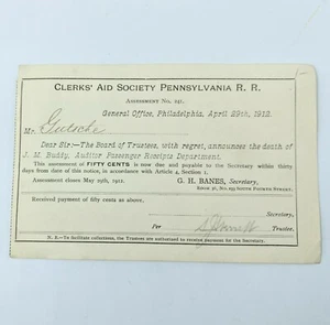 Clerks Aid Society Pennsylvania Railroad Assessment 241 1912 Death Announcement - Picture 1 of 2