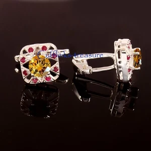 Natural Citrine & Ruby Gemstones with 925 Sterling Silver Men's Cufflinks  #6230 - Picture 1 of 7