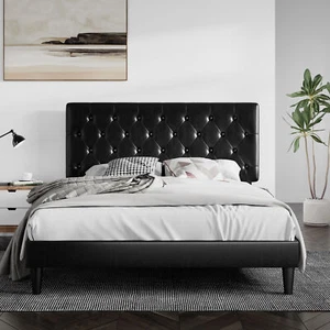 Full Size Platform Bed Frame with Button Tufted Headboard, Faux Leather, Black - Picture 1 of 9