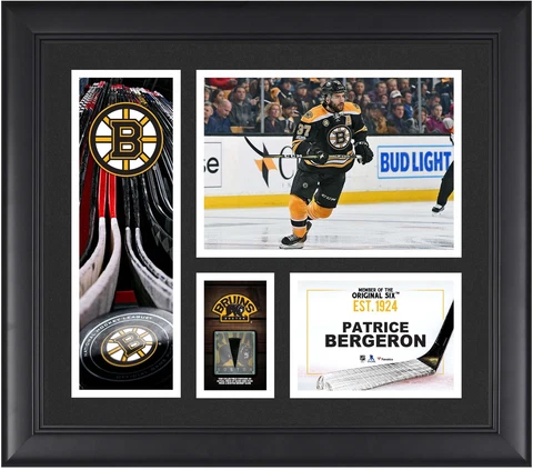 Patrice Bergeron Boston Bruins Framed 15x17 Collage w/a Piece of GU Puck Cover