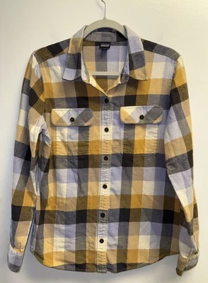 Рубашка женская Patagonia размер M органический хлопок фланель фьорд желтая синяя клетчатая - Изображение 1 из 4