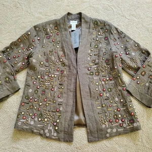 NWT Chico’s Women’s Cardigan Size 0 Metallic Studded Embroidered Linen Blend - Picture 1 of 10