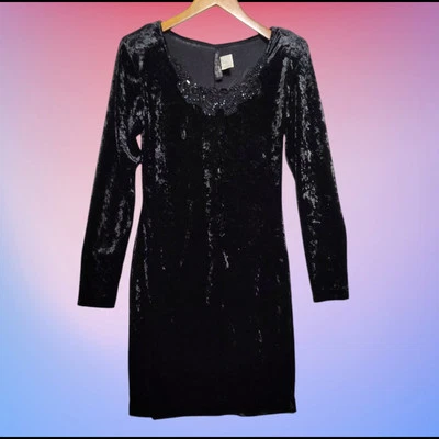 Vestido de veludo vintage All That Jazz tamanho M preto com miçangas renda manga longa Y2K gótico - Imagem 1 de 4