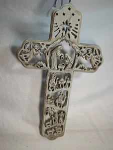 Nativity Scrolled Cross 12" X 7" Wall Hanging Christmas Heavy Plastic Or Resin  - Picture 1 of 10