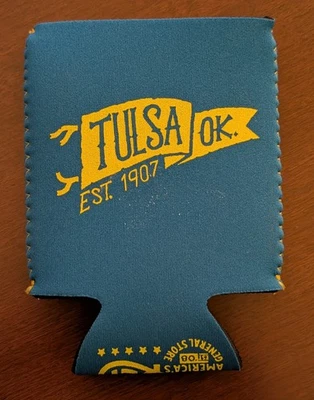 Cerveza roja Tulsa OK 1907 Ida Coozie azul amarillo Oklahoma Foto 1 de 2